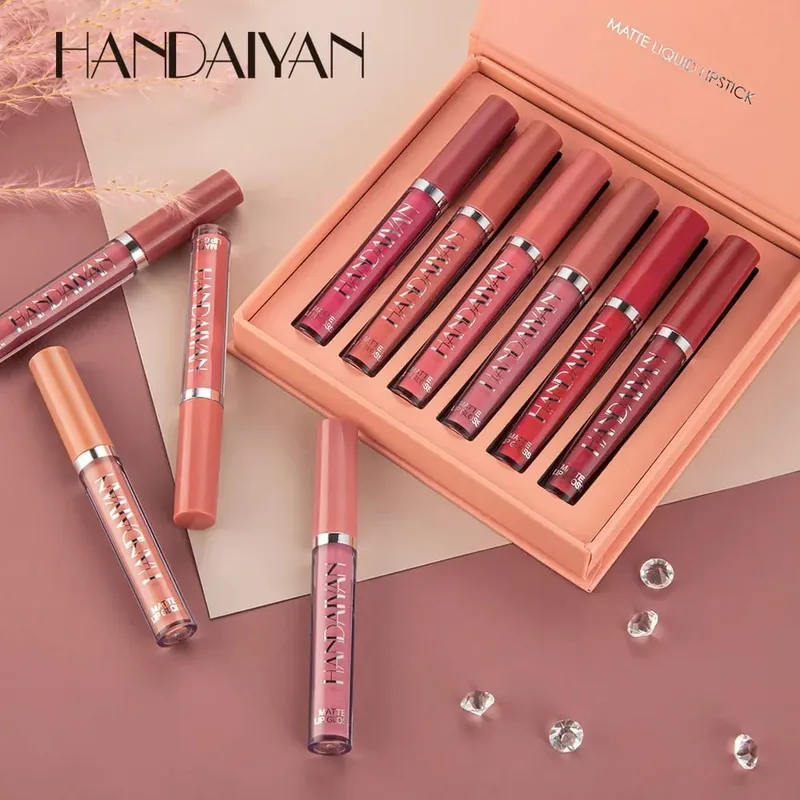 6pcs/Set Lip Gloss Long Lasting Waterproof Matte Lip Tint NonStick Cup Liquid Lipstick Gift Box Cosmetics Makeup