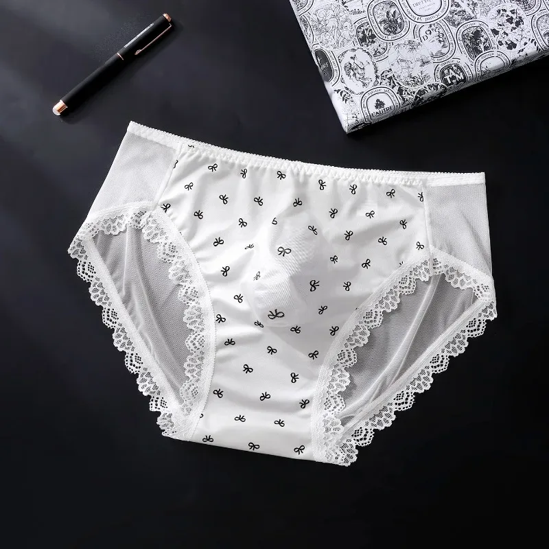 대형 망 시시 새틴 팬티 섹시한 가리비 레이스 쉬어 브리프 광택 란제리 중반 라이즈 레이스 보우 U 볼록한 주머니 언더 팬츠