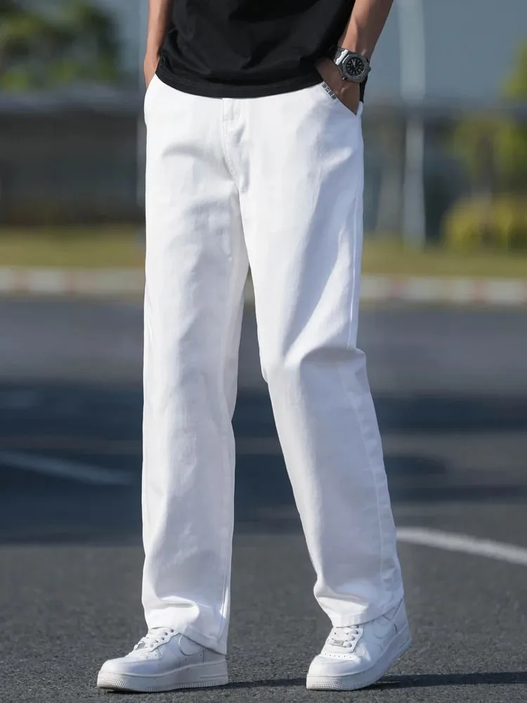 100%Cotton Fashion Loose Jeans Men's Spring Summer Thin Straight Washed Breathable White Denim Pants Casual Business Trousers