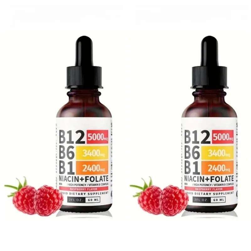 Vitamin B12 Liquid Drops 60ml Raspberry Flavor with Vitamin B6+B1 Etc Multivitamin Support Energy Recovery & Brain Heart Health