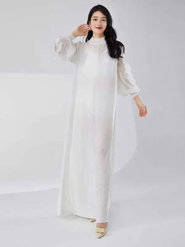 Long Pleated Dress With Ruffles Sleeves Loose Solid Color Stitching Female Party Clothing Summer New Clothes 2DA5900