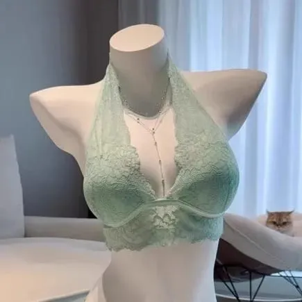 Mint Green Halter Neck Bra Set Wireless Lace Lingerie Adjustable Pads Heart-Shaped Back for Women Innerwear & Outerwear