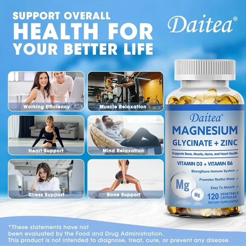 Daitea Magnesium and Zinc Capsules - Magnesium Glycinate Supplement to Support Muscle Nerve Joint and Heart Health