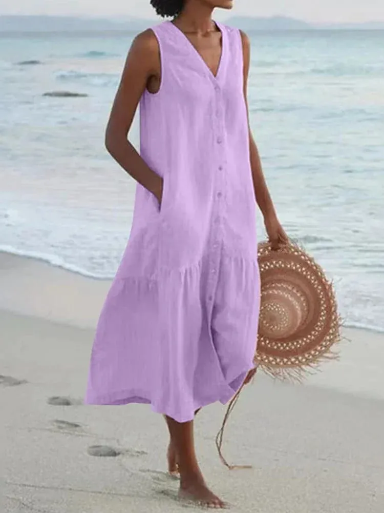 Summer Loose Casual Patchwork Cotton Linen Pocktes Dress V Neck Beach Style Dress Sleeveless Vintage Club Midi Solid Women Dress — image 4