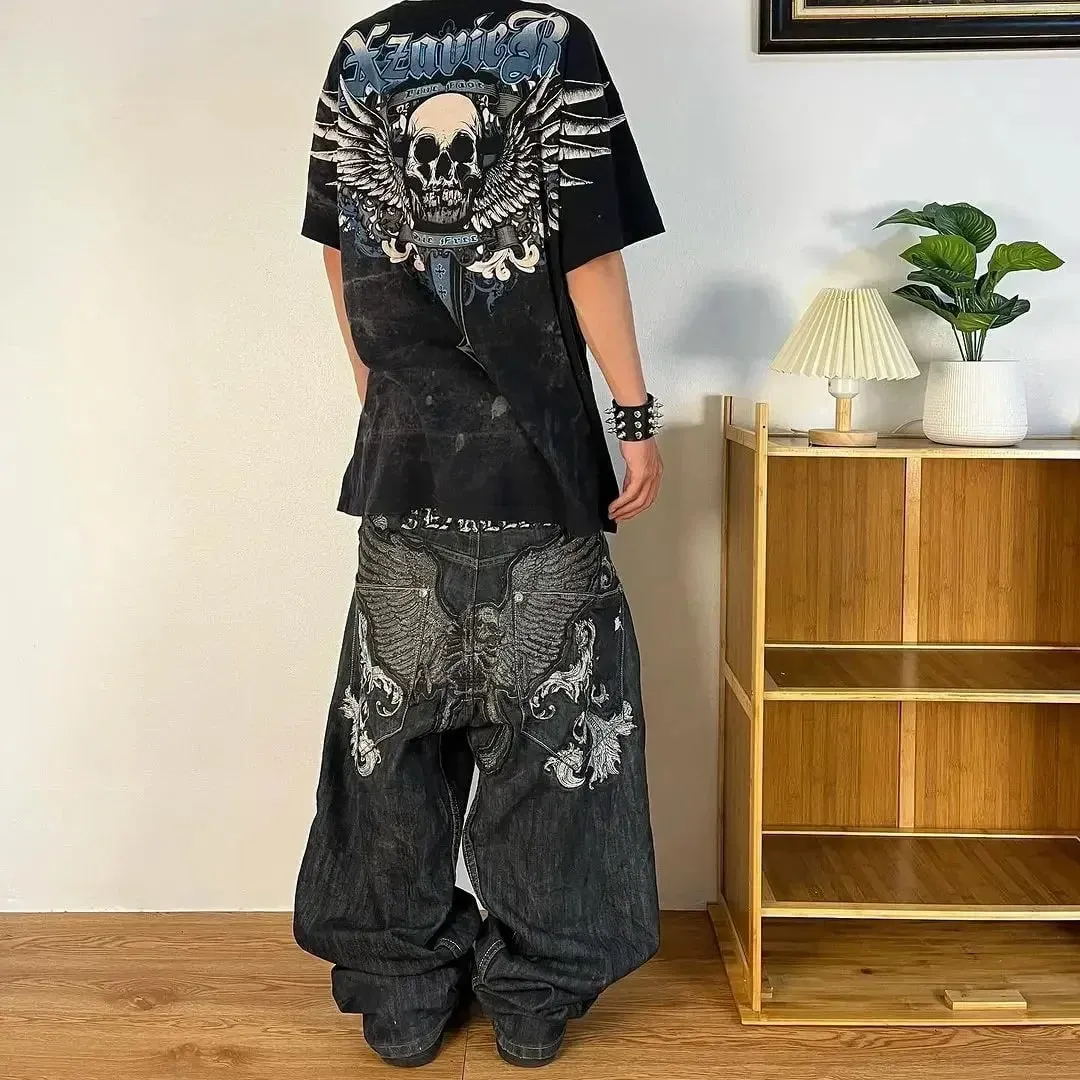 90s Gothic Centipede Embroidery Washed Oversized Wide-Leg Pants Jeans Men Y2K New Harajuku Punk Hip-Hop Rock Couple Street Wear