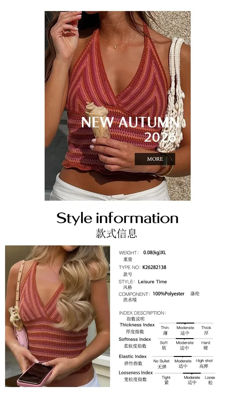Women Spring Summer Halter Knit Cami Top Deep V Neck Gradient Stripe Sleeveless Cropped Tank Top Casual