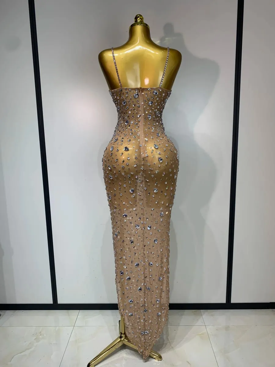 Luxury Rhinestones Sexy Mesh See Through Bodycon Dress Women Birthday Evening Cocktail party Gown Red Carpet Club Stage Outfit — image 4