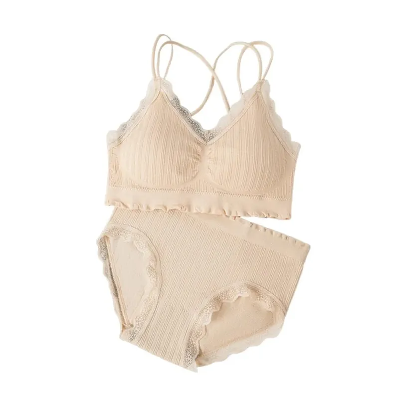 1Set Casual Lace Women Seamless Bra Set V-Neck with Bra Pads Lingerie Set Comfortable Breathable Underwear Set