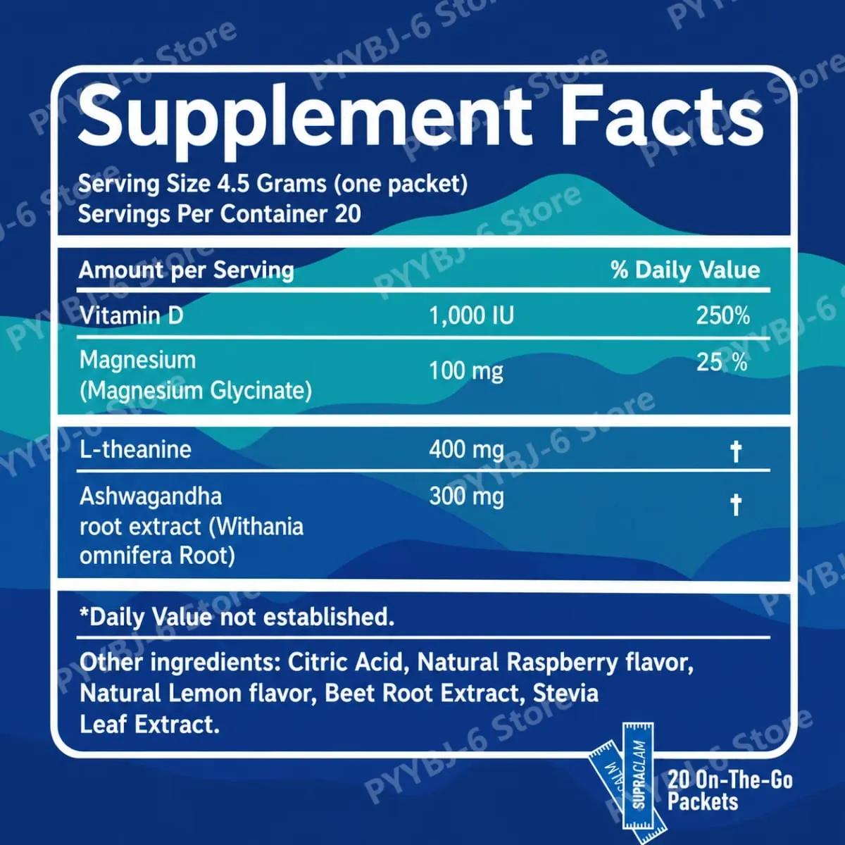 Ashwagandha L-Theanine Magnesium Glycinate Vitamin D3 Supplement Drink Mix Calm Mood Focus Support Raspberry Lemonade 20 Packets