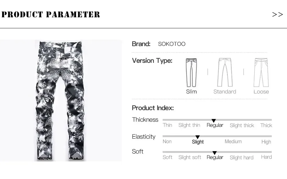 Men Skull Printed Jeans Fashion Devil Hand Pattern Denim Pants Black White Slim Straight Trousers