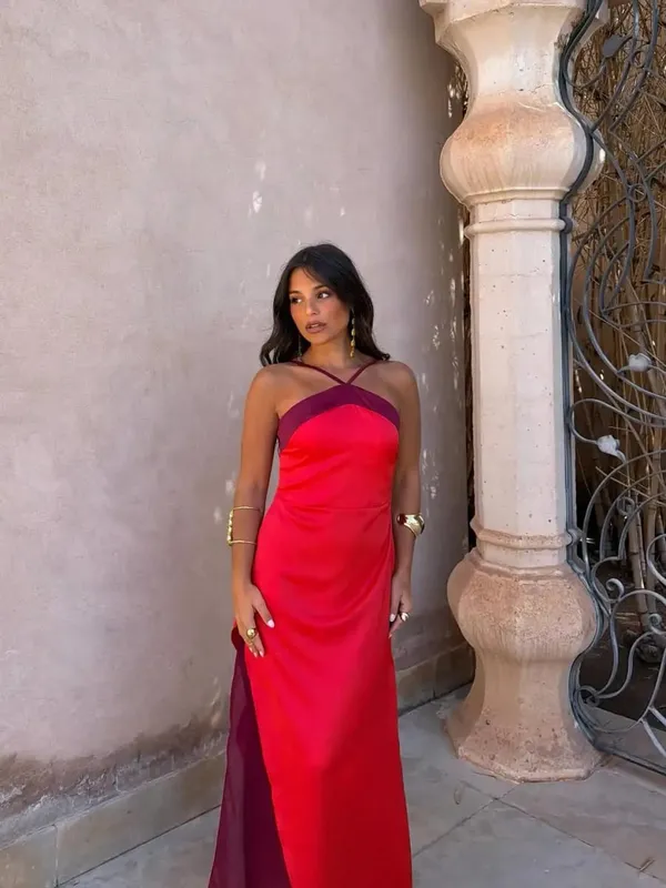 Color Blocking Scarf Collar Suspender Women Maxi Dress Spaghetti Strap High Split Floor Length Evening Dresses Lady Party Robes
