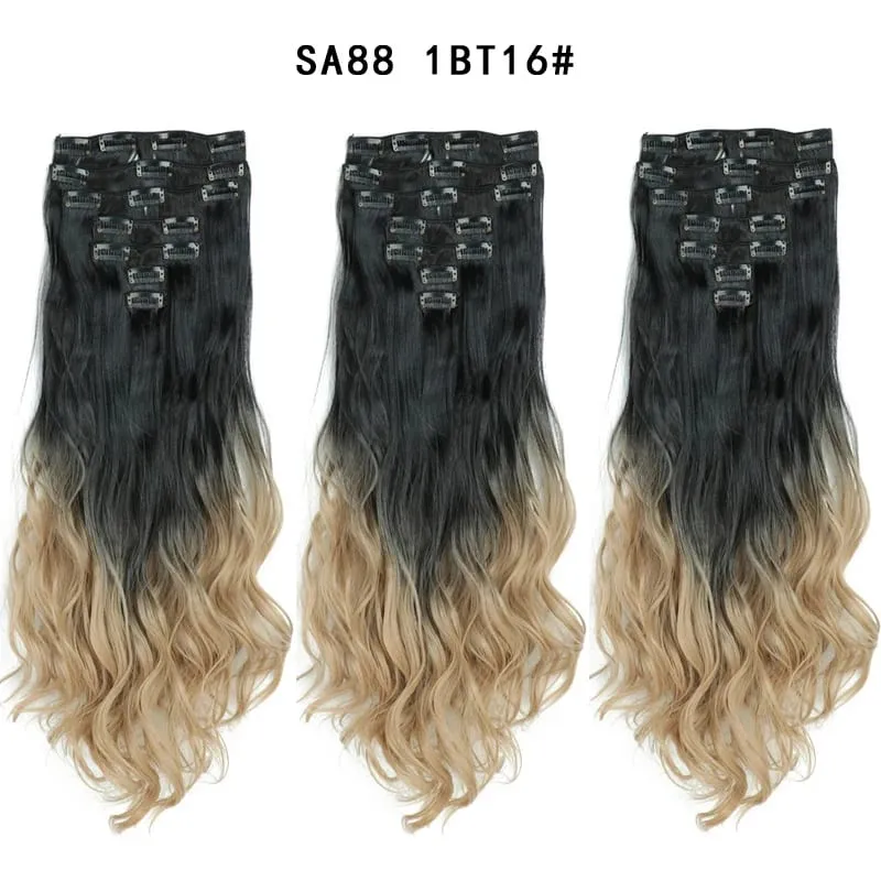 Clip in Long Wavy Synthetic Hair Extension 22 Inch Black 7PCS Thick Hairpieces Fiber Double Weft Hair for Women