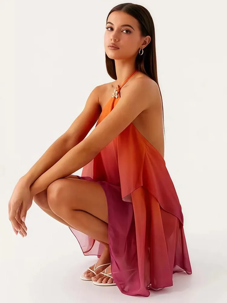 Mozision Gradient Halter Backless seksowna Mini sukienka damska suknia elegancki siatkowy zamek błyskawiczny Off-ramię bez rękawów klubowe sukienki imprezowe