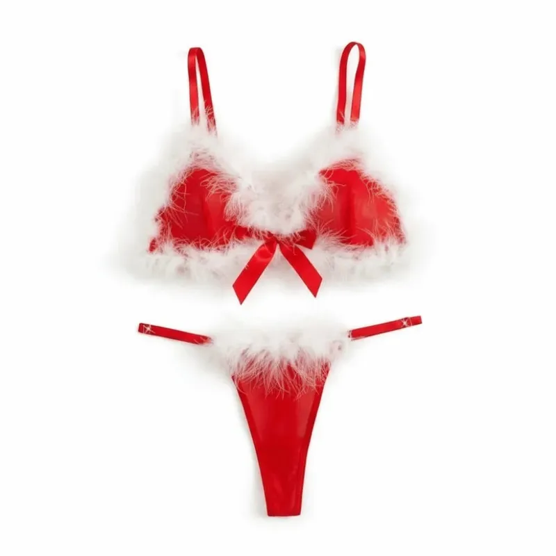 Sweet Furry Women's Underwear Mesh Transparent Wireless Lingerie Set Bow Decor Romantic Intimate Bra Panties Suit Christmas