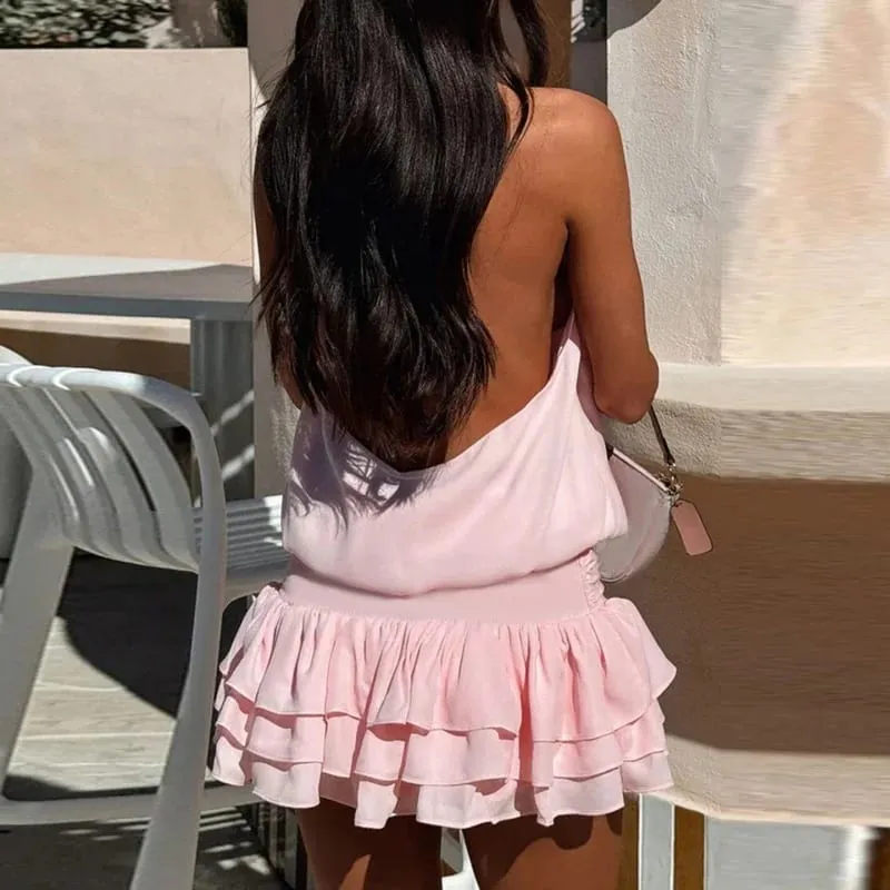 Bandáž Pevná Elegantní Halter Minišaty bez zad Y2K Korzet Party Streetwear Štíhlá sexy dámská móda Vintage letní šaty