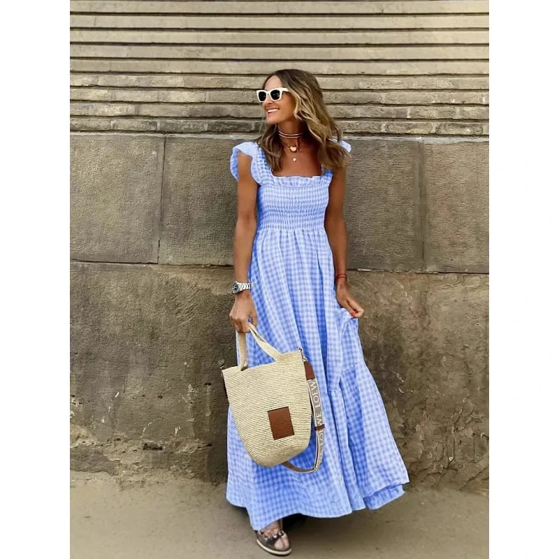 Elegant Temperament Plaid Patchwork Slip Boho Dress Summer Ruffle Backless Pleated Elastic Waist Swing Loose Party Dresses