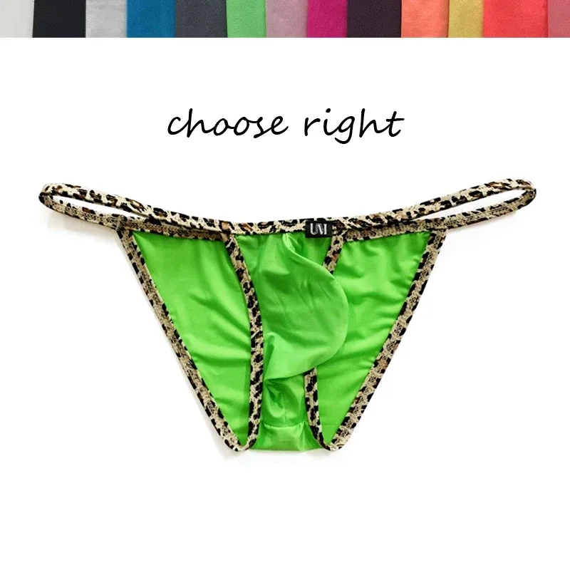 Men's Low Waist Nylon Briefs with Strings Leopard Print Micro Bikini Style Underwear Thin Ultra Slip Push-Up with Bulge Pouch