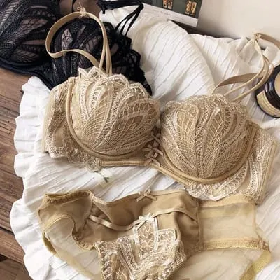 Sexy Embroidery Lace Shell Half Cup Small Breasts Push Up Bra Set Thicken Adjustable Pad Brassiere Panties Girls Underwear