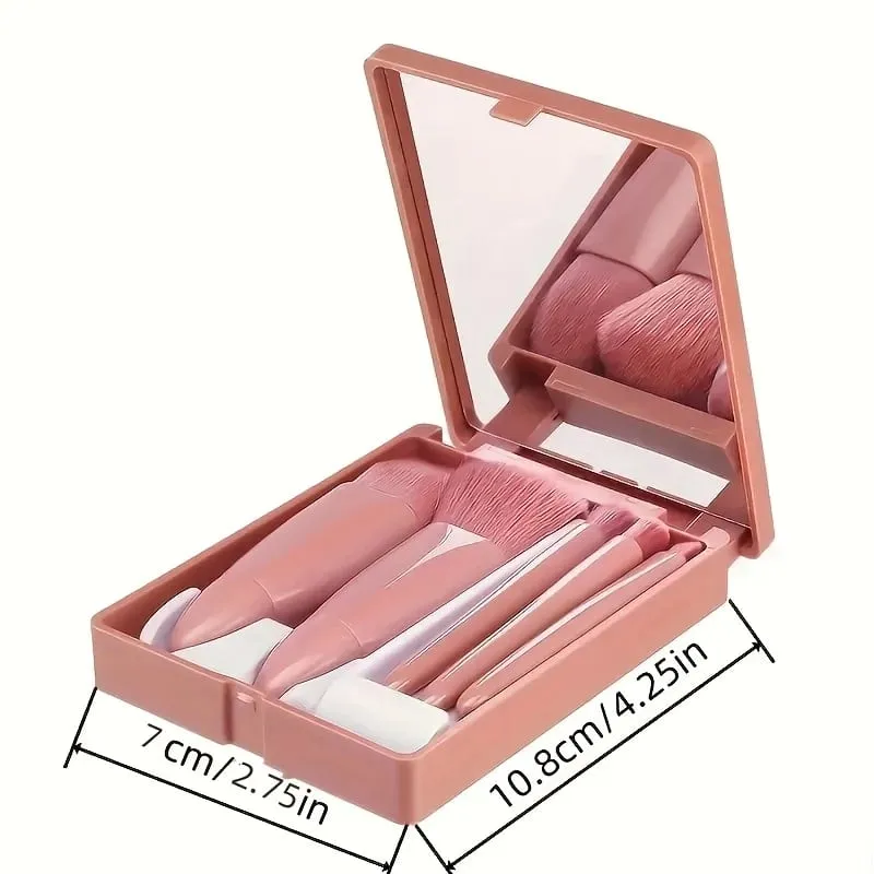 5pcs Mini Makeup Brush Set with Mirror - Multifunctional Travel Cosmetic Brushes Unscented Palm Brush Design Makeup Tools