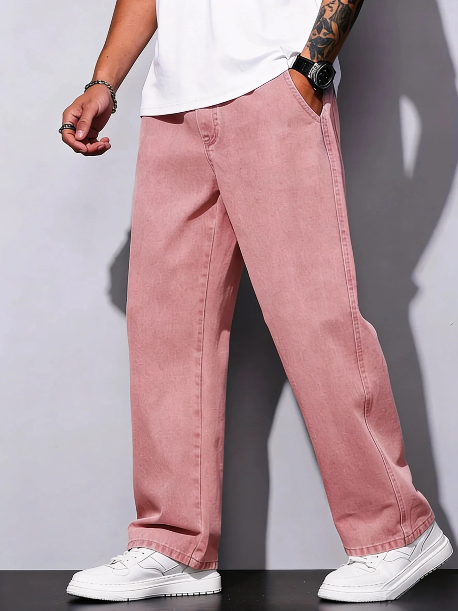 Men Jeans Pink Basic Straight Leg Men Jeans Mid Rise All-match Trousers All Seasons Street Daily Bottoms For Young Men Daily Out