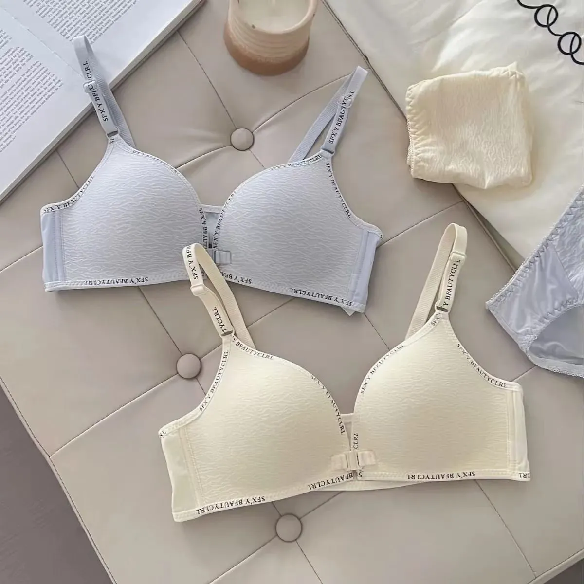 Sexy Front Closure Push-Up Lingerie Set for Small Breasts Comfortable Thin Bra with No Steel Ring Letter Shoulder Straps