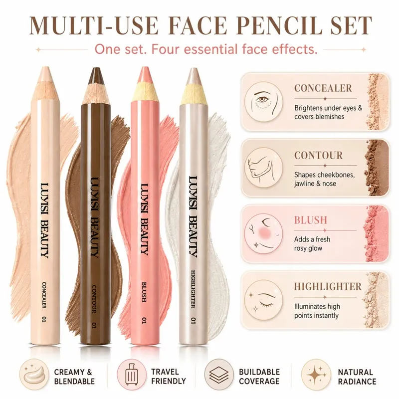 4pcs/Set Face Makeup Pens Concealer+Contour+Blush+Highlighter Waterproof Buildable Coverage Velvet Matte&Pearl Glow-Nourishing.