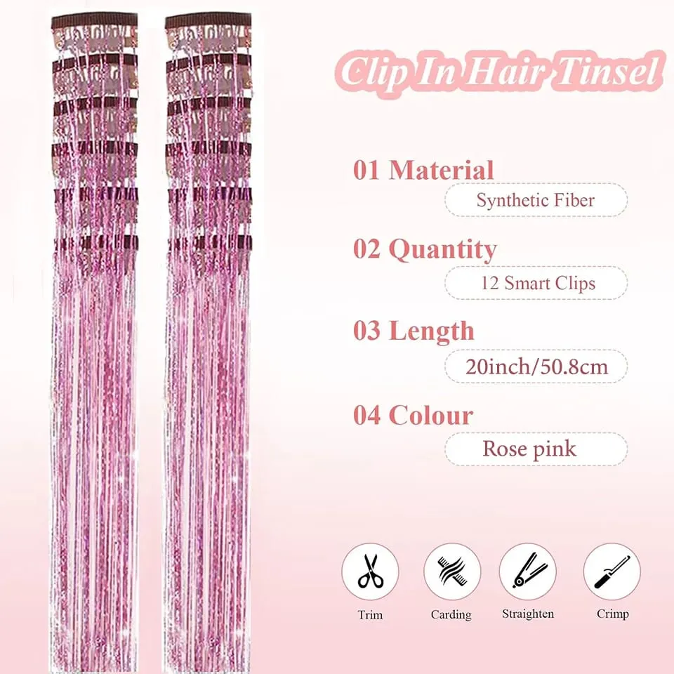 Hair Tinsel Pack Of 12 Pcs Colorful Glitter Hair Accessories Clip In Hair Tinsel Extensions Synthetic Hair Accessories — image 3