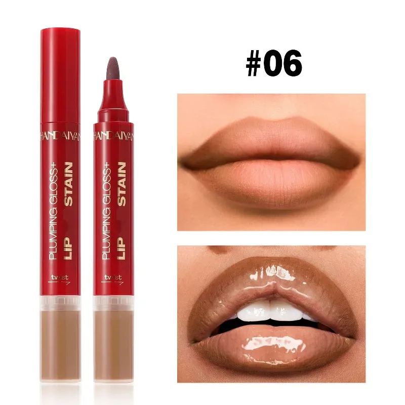 Double-headed Liquid Lip Gloss Pen Lip Contour Liner Oil 2 in 1 Lip Glaze Long Lasting Moisturizing Plumping Lips Stain Makeup