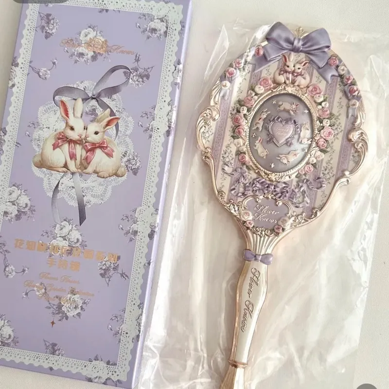 Flower Knows Handheld Makeup Mirror Midsummer Night Strawberry Cupid Bunny Garden Relief Pattern Limited Color Makeup Tool Kit