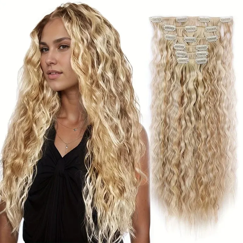22Inch Synthetic Long Kinky Curly Hair Extension 6pcs/set Clip in Fluffy Hairpiece for Women Daily Use