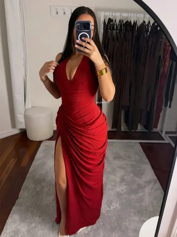 우아한 노란색 Strapless Pleated 롱 드레스 여성 세련된 솔리드 민소매 허리 Cinching 분할 가운 2026 레이디 이브닝 파티 가운