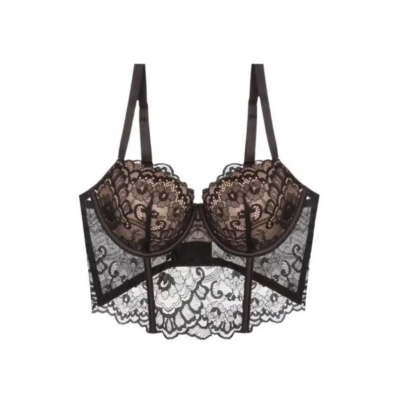 Women French Lace Fishbone Bra Soft Underwire 3/4 Cup Push‑Up Anti Sag Lingerie Slim Side Boob Control Sexy Ladies Underwear