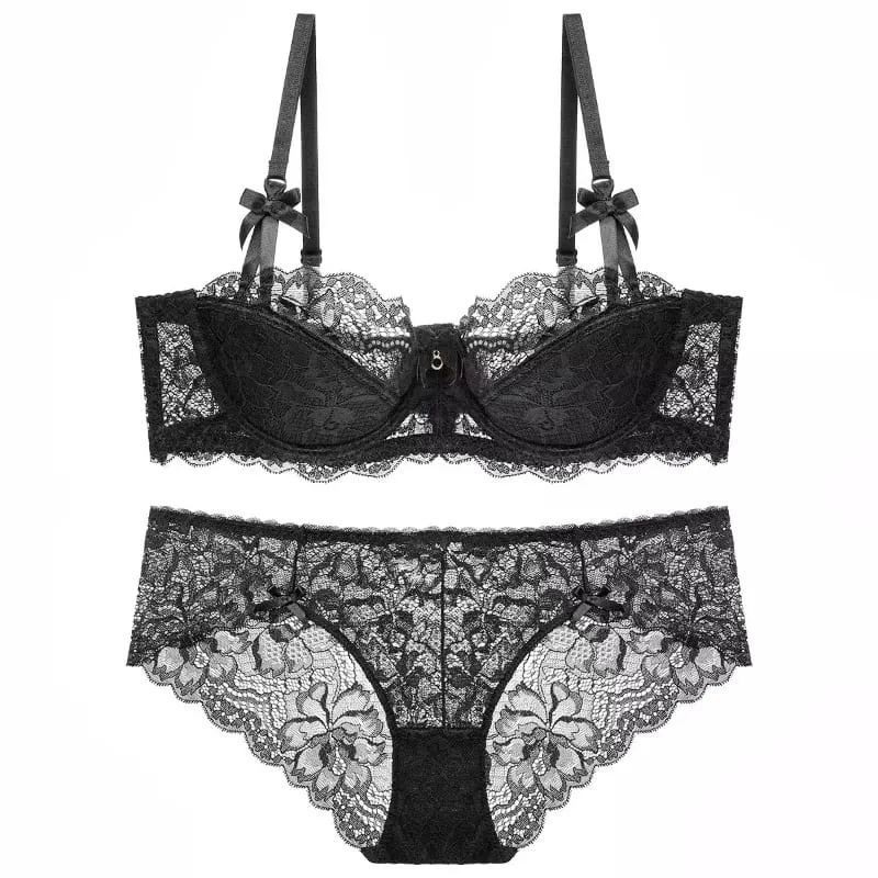 Best Sellers Women Sexy Lace Half Cup Bra Set Soft Underwire Gathered Thin Push Up Elegant Exquisite Lace Comfort Lingerie Set