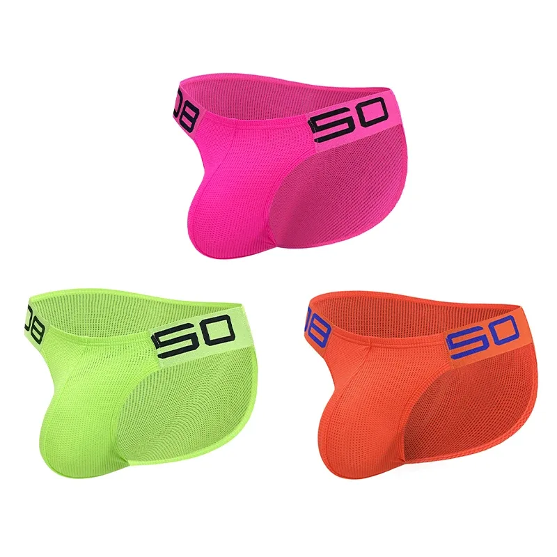 Herren-Slip aus Nylon-Mischgewebe, atmungsaktiv, Horn, Spleiß, Buchstabenprägung, breiter elastischer Bund, fluoreszierende Farbe, sexy Unterwäsche