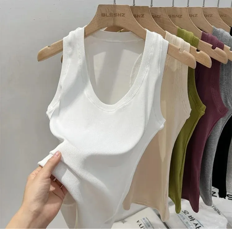 2026 Women Solid Low Round Neck Ribbed Camisole Summer Basic Elastic Tank Top Korean Style Versatile Slim Tanks & Camis