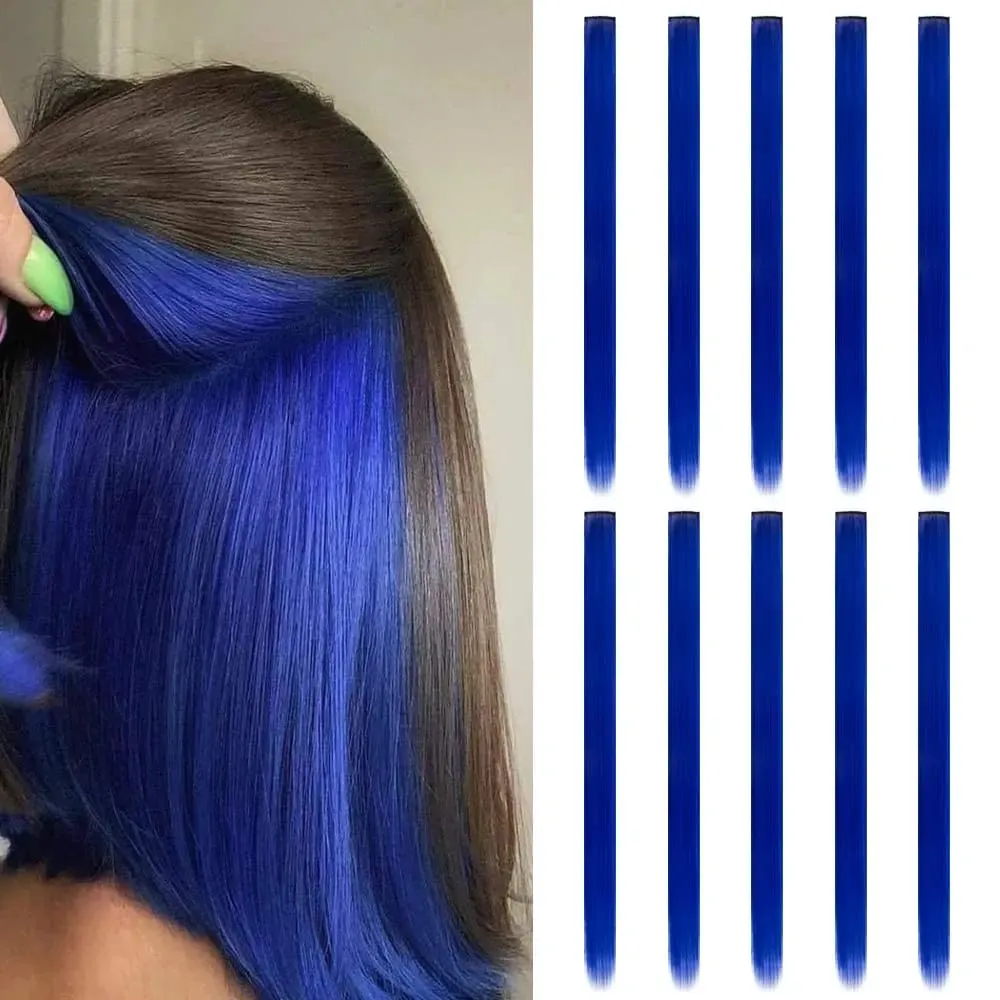 Synthetic 10 PC Hair Extensions Red and Blue Clip in SOlldag Colored Party Highlights Straight Hairpiece for Kids Girls Women