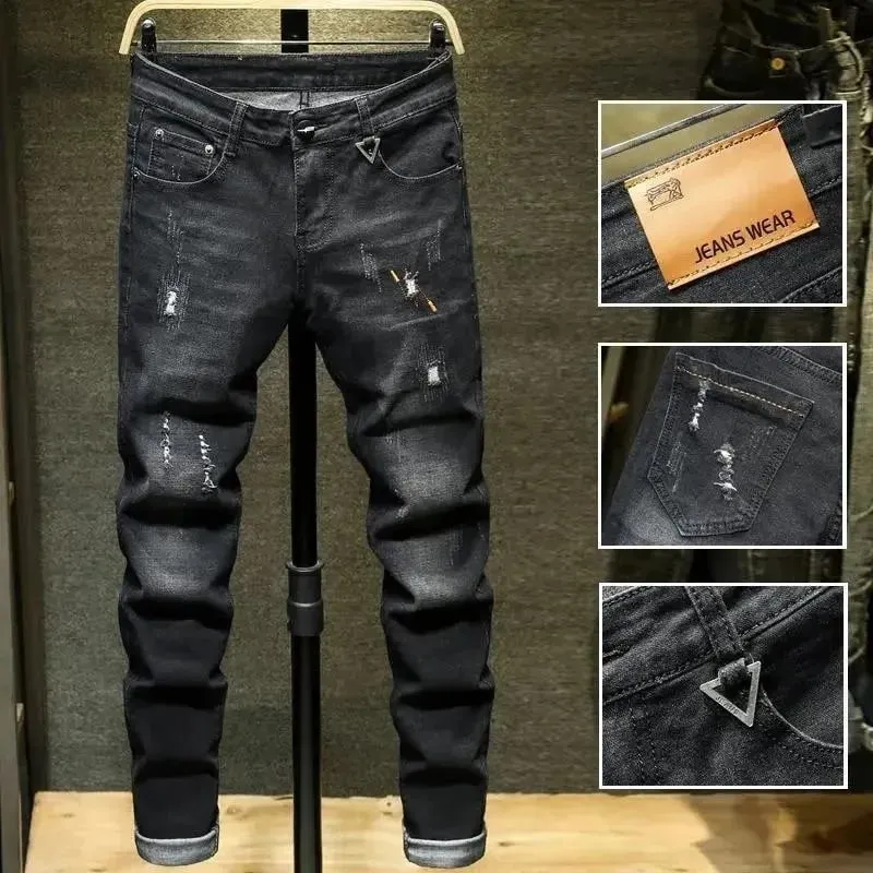 Spring and Autumn Trend Solid Color Straight Leg Stretch Denim Jeans Men's Casual Slim Fit Comfortable Sports High-Grade Jeans