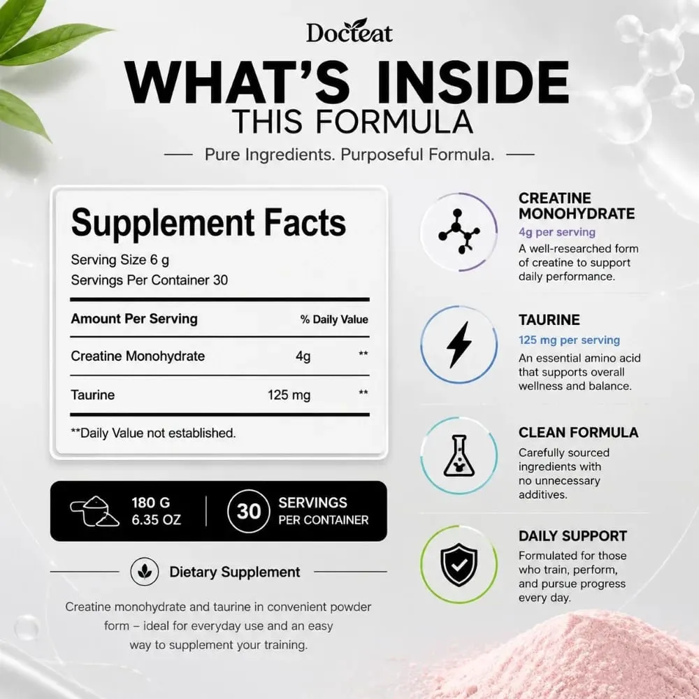 Creatine Monohydrate Taurine Powder 180g 30 Servings Muscle Strength Endurance Performance Workout Fitness Training Supplement