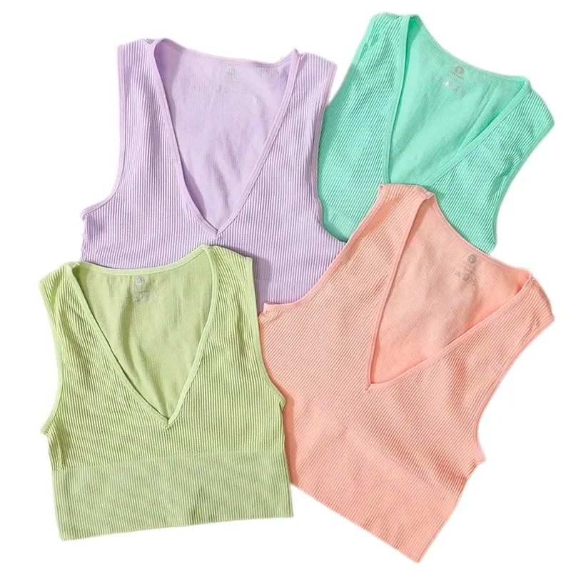 Deep V-Neck Wome Crop Top Solid Color Slim Fit Tank Stretchy Sleeveless Vest Casual Ribbed Knit Bra Top Low Cut Camisole M-XL