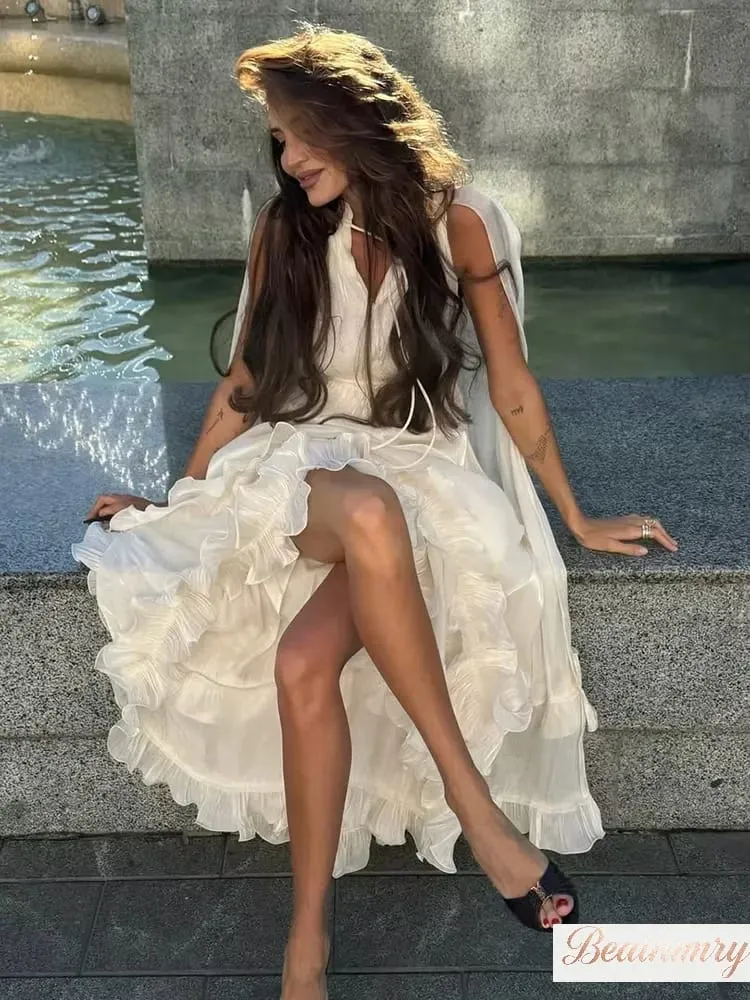 Abito maxi con volant multistrato solido Abito elegante senza maniche con spalle scoperte a vita alta da donna 2026 Abbigliamento femminile per le vacanze