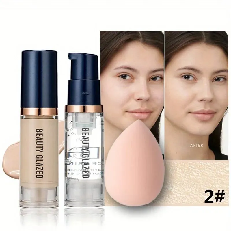 3Pcs Face Makeup Set Matte Long Lasting Waterproof Liquid Foundation+Primer+Puff — image 10