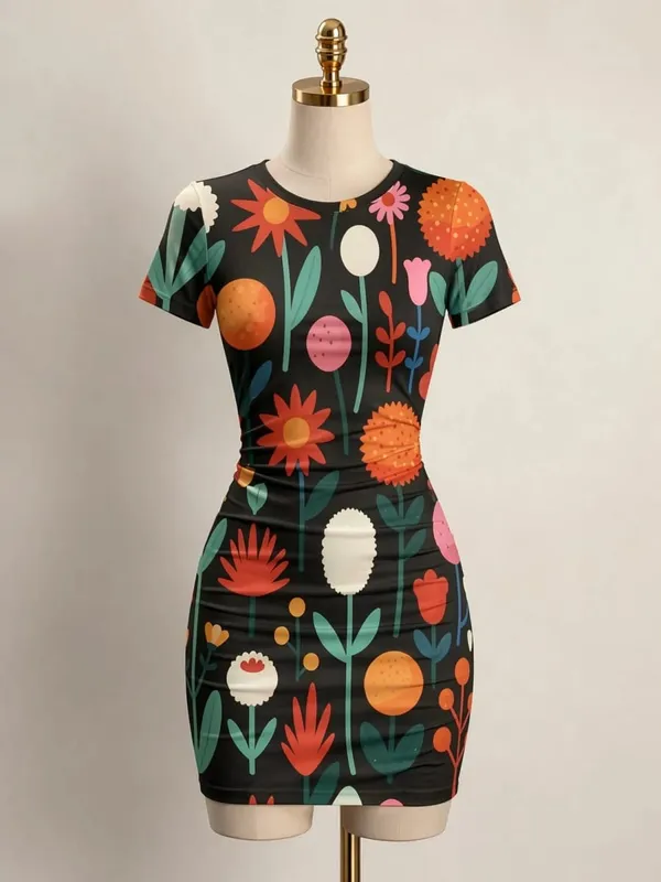Mulheres manga curta bodycon mini vestido fino ajuste tripulação pescoço floral impressão casual festa de verão bonito elegante suave férias vestido de verão — image 8