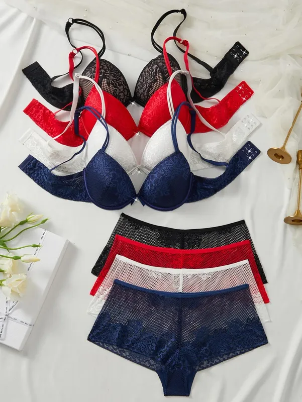 4 adet kadın iç çamaşırı seti seksi çiçek dantel Push Up sütyen şeffaf nefes külot şık rahat seksi iç çamaşırı