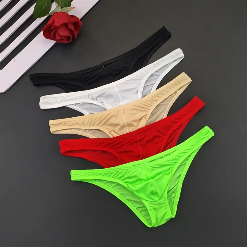 Slip en soie glacée pour hommes, 5 pièces, sous-vêtements avec poche en U, taille basse, sous-vêtements transparents Ultra fins, culottes Sexy grande taille pour hommes, nouvelle collection