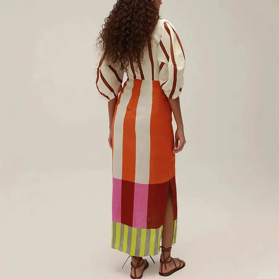 Summer Women Linen Material Long Dresses Fashion Chic Print Sexy V-neck Hollow Out High Waist Party Dress Lady Robes