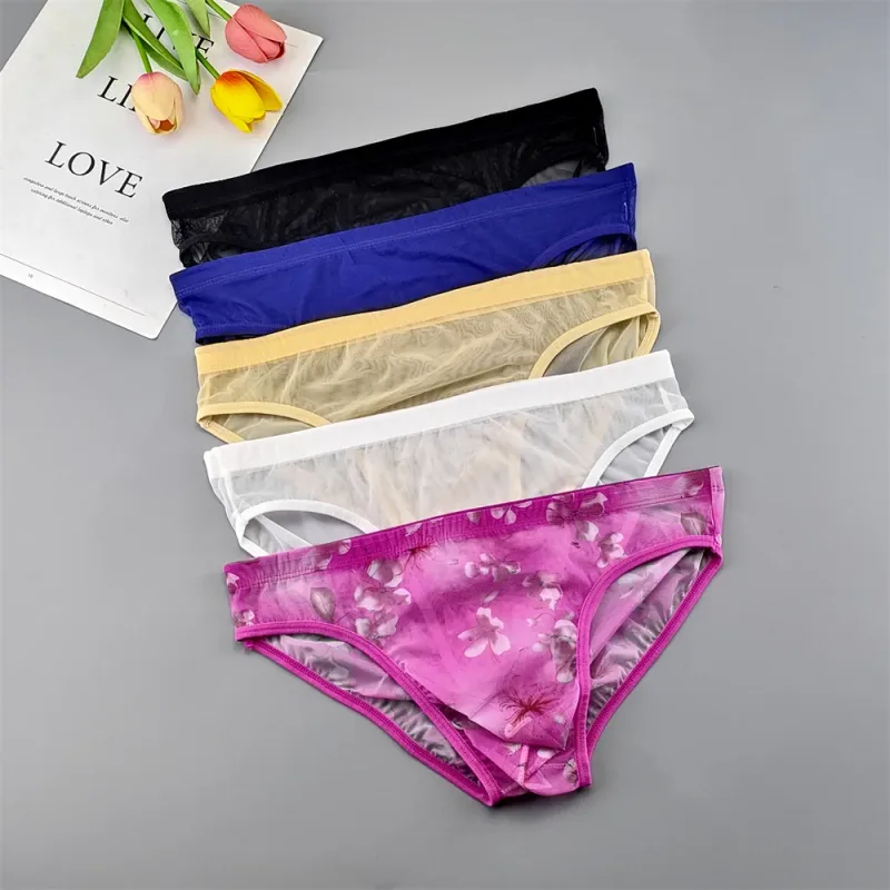5pcs Transparent Mesh Underwear for Men Ultra-thin Perspective Mid-rise Male Pouch Slips Homme Panties Plus Size