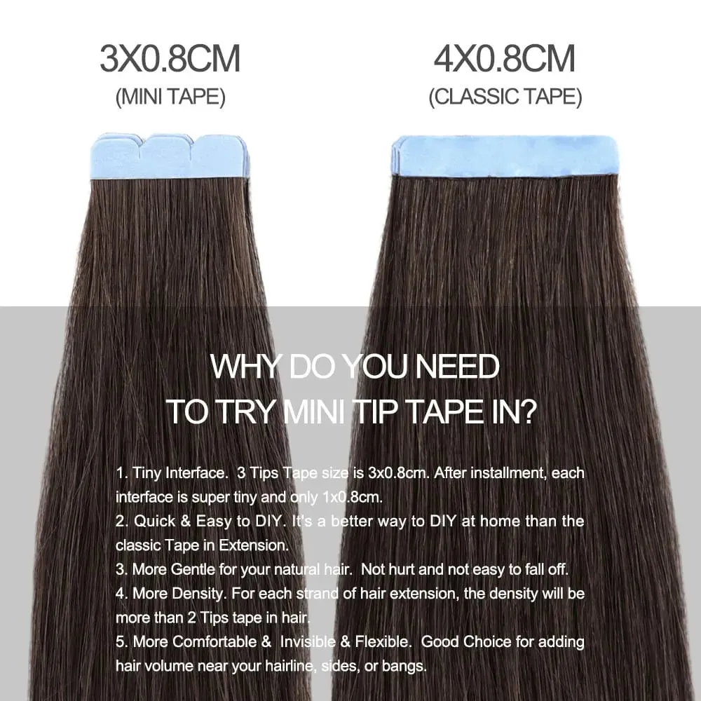 Mini Tape in Hair Extensions Human Hair Natural Tape in Extentions 3x0.8cm Invisible Tape 10pcs/pack For Side Hair