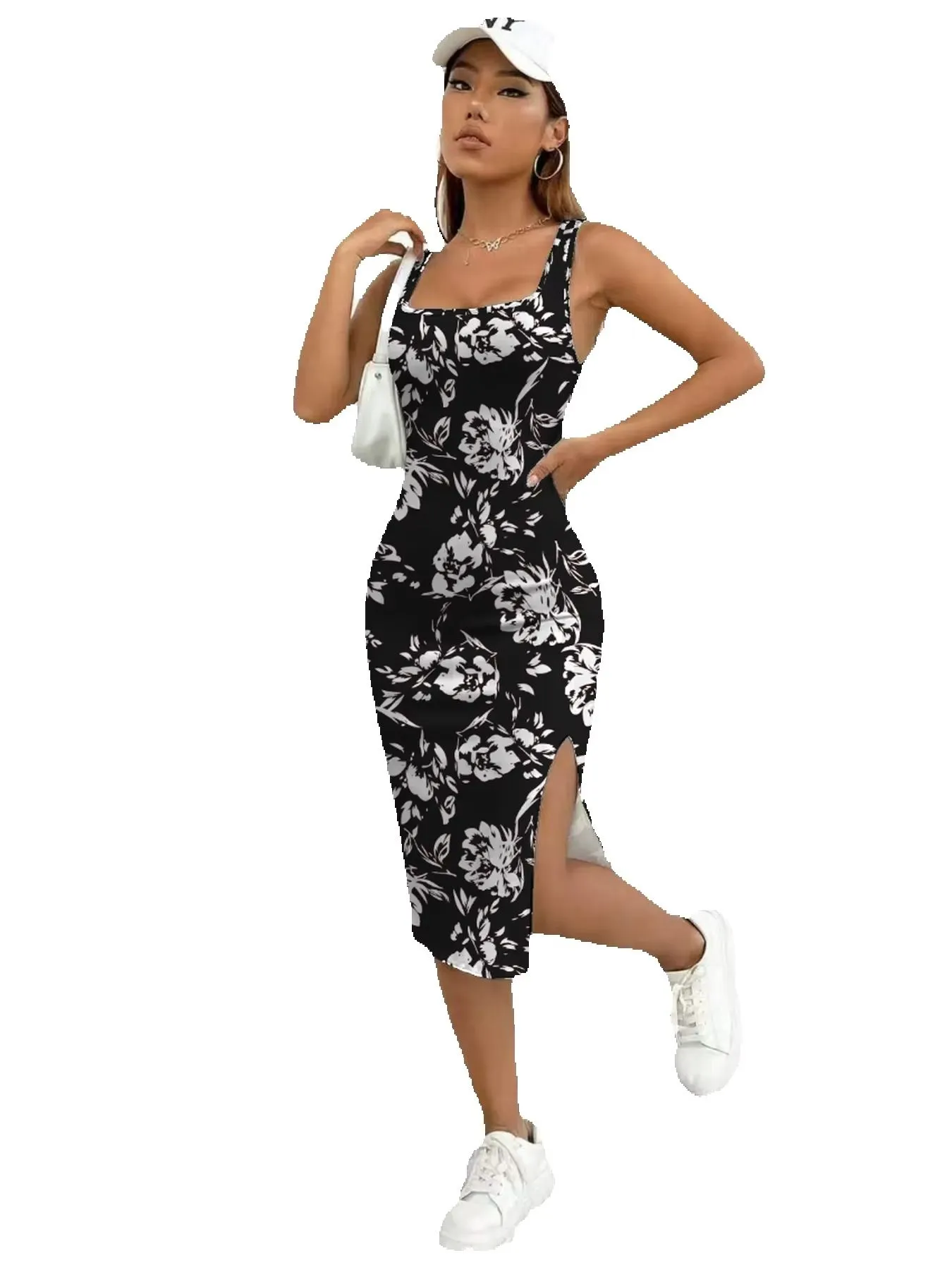 Women's Summer Casual Elegant Comfortable Square Neck Geometric Pattern Floral Pattern Slit Dress Mid Length Skirt — image 6