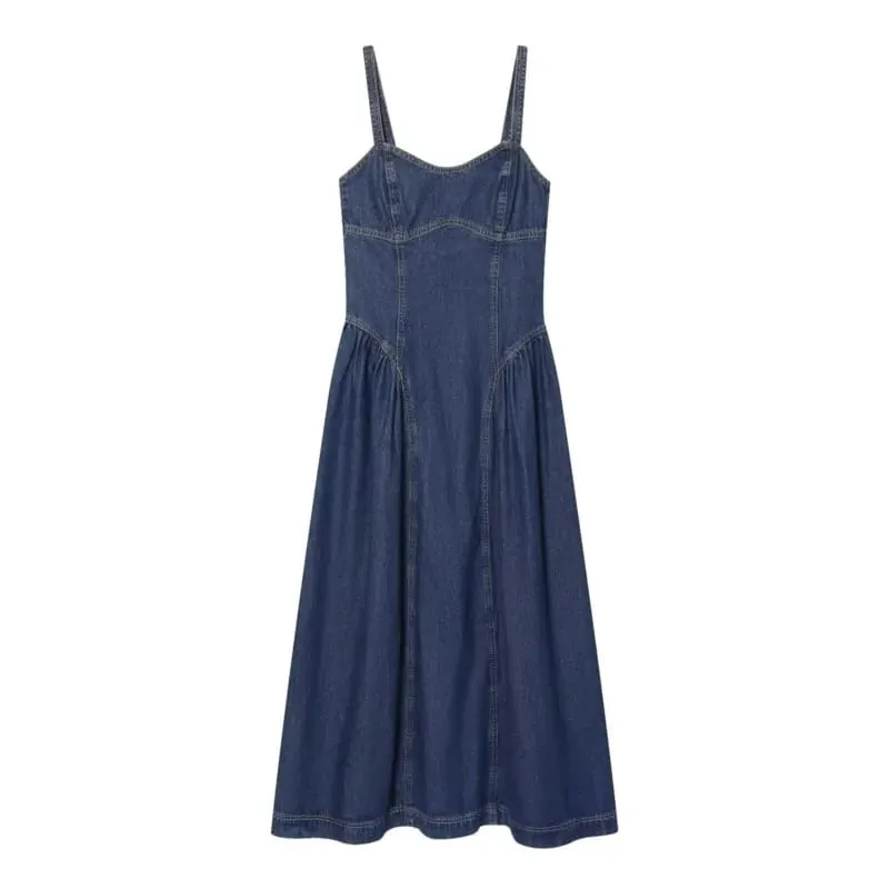 Women Denim Slip Dress with Flared Hem Fashion Casual Backless Sleeveless A-line Dress Female Vacation Style Dresses
