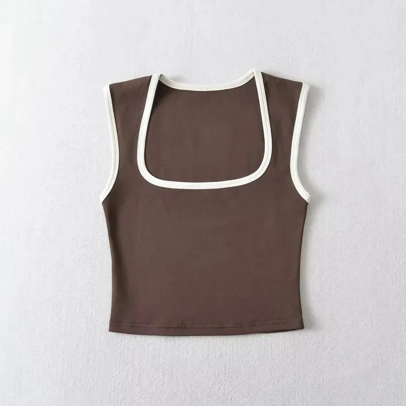 Woman Fashion Slim Solid Contrust Camis Casual Sleeveless Tanks Square Collar Crop Tops Clothing Streetwear Mujer 2024 Y2k